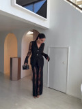 Women’s Spring Summer Fashion Lace Patchwork Cutout Low Back Blazer and Pants Two-Piece Set