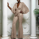 Women Sequin Sexy Deep V Backless Jumpsuit