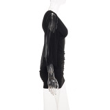 Women’s Sexy Lace Patchwork Mesh Bat Sleeve V Neck Slim Waist Bodycon Party Mini Dress