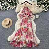 Women’s Fall Holidays Halter Neck Floral Print Sleeveless High Waist A-Line Slim Fit Chic Long Dress