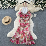Women’s Fall Holidays Halter Neck Floral Print Sleeveless High Waist A-Line Slim Fit Chic Long Dress