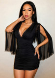 Women’s Sexy Lace Patchwork Mesh Bat Sleeve V Neck Slim Waist Bodycon Party Mini Dress