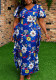 African Plus Size Women’s V Neck Puff Sleeve Ruffle Split Floral Print Slim Fit Long Dress