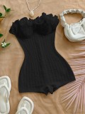 Women’s Black Ruffle Off Shoulder Slim Fit Romper