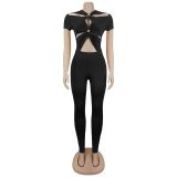 Women’s Sexy Cutout Short Sleeve Slim Fit Bodycon Tight Fitting Jumpsuit