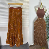 Women’s Classic Fashion Pleated Polka Dot High Waist A-Line Maxi Skirt