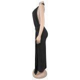 Women’s Halter Neck Deep V Neck Sexy Split Ruched Low Back Chic Dress