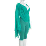 Women’s Fall Solid Color Mesh Sexy Deep V Neck Ruched Irregular Long Sleeve Pants Set