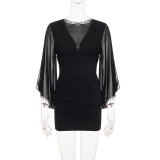 Women’s Sexy Lace Patchwork Mesh Bat Sleeve V Neck Slim Waist Bodycon Party Mini Dress