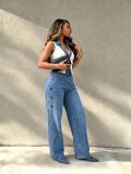 Women’s Fall Casual Button Detail Denim High Waist Loose Wide Leg Pants