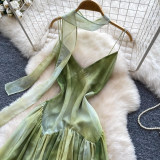 Women’s Summer Holidays Green Tie-Dye V Neck Strap Slim Waist A-Line Long Dress