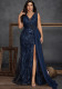Women Sleeveless Lace High Slit Side Draped Mesh Formal Party Evening Dress