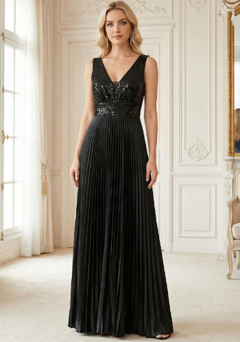 Women Black V-Neck Sleeveless Sequin Pleated Evening Dress
