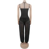 Women Sexy Halter Neck Beaded See-Through Mesh Sleeveless Jumpsuit