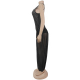 Women Sexy Halter Neck Beaded See-Through Mesh Sleeveless Jumpsuit