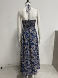 Women Summer Printed Halter Neck Lace-Up Sexy Hollow Backless Beach Maxi Dress