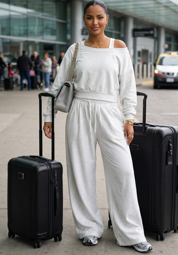 Women Off Shoulder Top and Wide Leg Pants Casual Two Piece Set