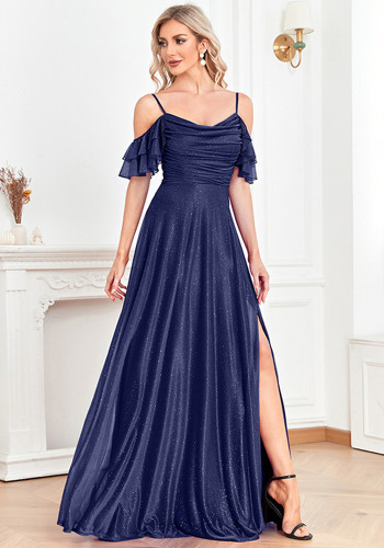 Women Navy Blue Spaghetti Strap Off Shoulder Ruffle Short Sleeve High Slit Maxi Evening Dress