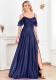 Women Navy Blue Spaghetti Strap Off Shoulder Ruffle Short Sleeve High Slit Maxi Evening Dress