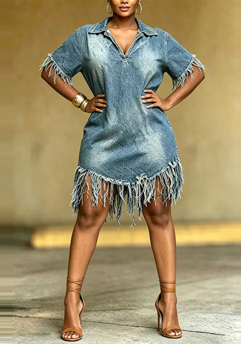 Women Fall Casual Tassel Denim Dress