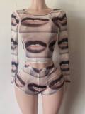 Women Printed Mesh Top and Shorts Two Piece Set