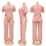 Plus Size Women Beaded Bow Short Sleeve Top and Pant Casual Two Piece Set