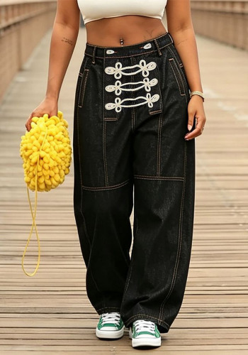 Women Knot Frog Button Trim Denim Pant