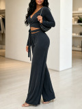 Women Casual V-Neck Long Sleeve Top and Wide Leg Pant Two Piece Set