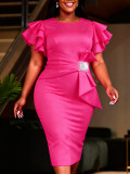 Plus Size Women Summer White Round Neck Ruffle Dress Slim Waist Rhinestone Bow Maxi Bodycon Dress