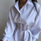Women Mesh Patchwork See-Through Turndown Collar Long Sleeve Mini Dress