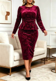 Plus Size Women Round Neck Long Sleeve Ruffle Top and Bodycon Midi Skirt Two Piece Set