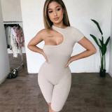 Women One Shoulder Short Sleeve Stretch Ribbed Cargo Shorts