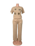 Plus Size Women Leopard Star Beaded Short Sleeve Top and Wide Leg Pants Two Piece Set