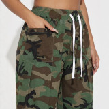 Women Casual Drawstring Cargo Camo Wide Leg Pants