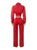 Women Washed Stand Collar Zipper Top and Drawstring Wide Leg Pants Two Piece Set