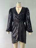 Women Beaded Slit Irregular Long Sleeve Sequin Tie Dress