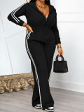 Women Autumn Winter Casual Color Block Top and Wide Leg Pants Two Piece Set