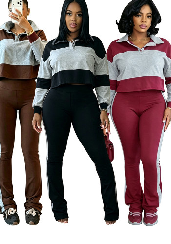 Women Color Block Patchwork Turndown Collar Button Long Sleeve Top and Bell Bottom Pants Two Piece Set