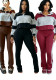 Women Color Block Patchwork Turndown Collar Button Long Sleeve Top and Bell Bottom Pants Two Piece Set