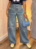 Women Washed Slub Ripped Denim Pant