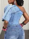 Women Irregular Off Shoulder Denim Jacket