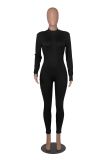Women Fall Solid Ribbed Zipper Jumpsuit
