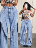 Women Fake Two-Piece Irregular Streamer Denim Wide Leg Pant