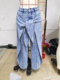 Women Fake Two-Piece Irregular Streamer Denim Wide Leg Pant
