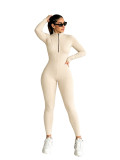 Women Fall Solid Ribbed Zipper Jumpsuit