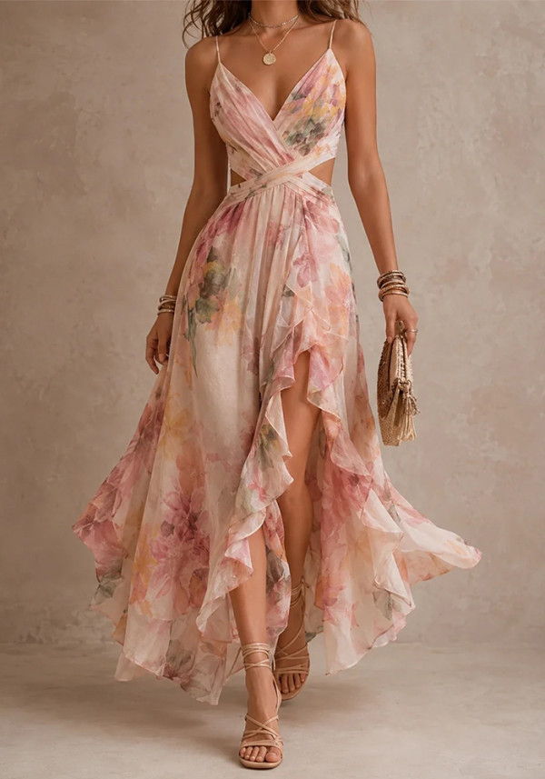 Women Summer Printed Elegant Slash Shoulder Sleeveless Dress