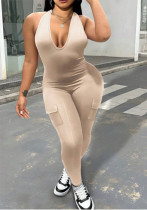 Women Spring Summer Sexy Backless Halter Neck V-Neck Jumpsuit With Pockets Women Spring Summer Sexy Backless Halter Neck V-Neck Jumpsuit With Pockets