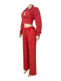 Women Washed Stand Collar Zipper Top and Drawstring Wide Leg Pants Two Piece Set