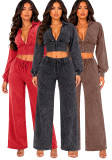 Women Washed Stand Collar Zipper Top and Drawstring Wide Leg Pants Two Piece Set