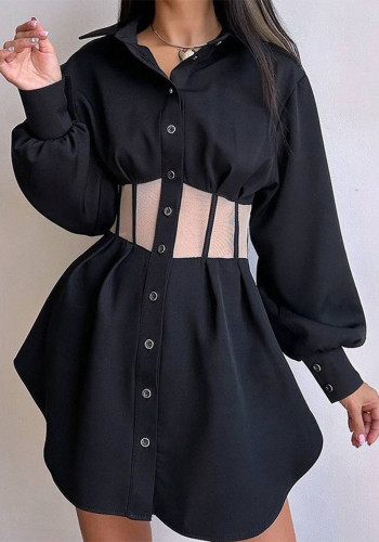 Women Mesh Patchwork See-Through Turndown Collar Long Sleeve Mini Dress